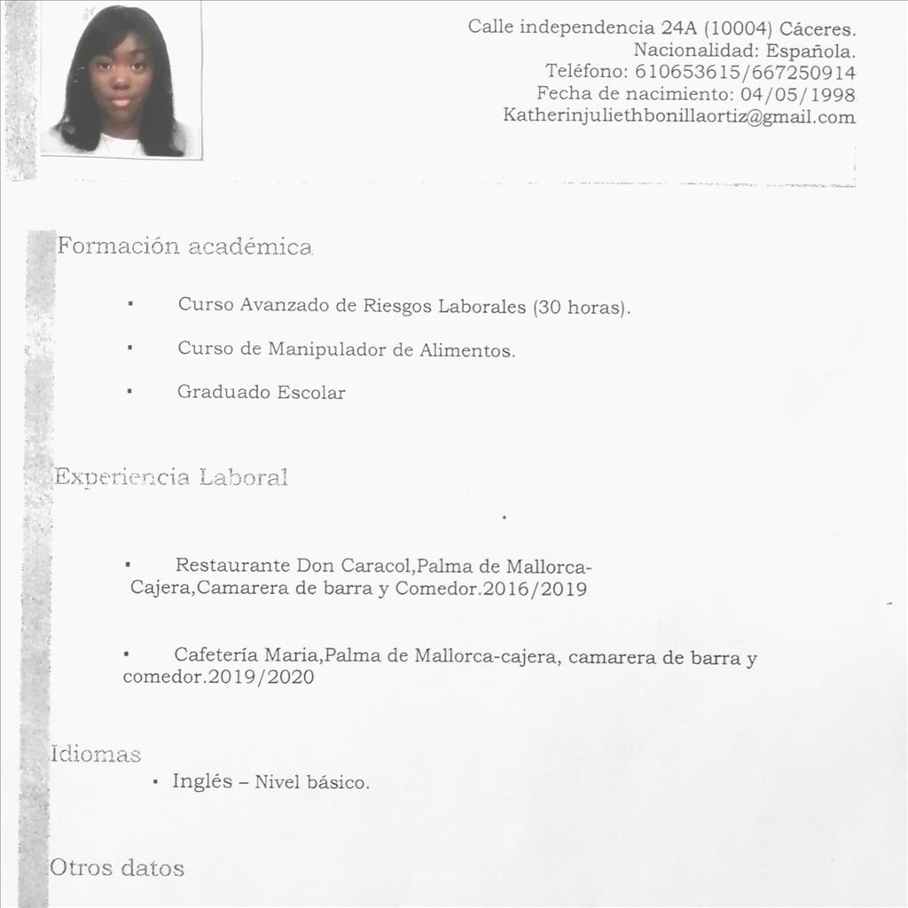 Katherin julieth busca trabajo de Camarera